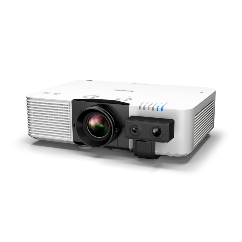 Epson L890E PowerLite 8000 Lumen WUXGA Normal Throw 3LCD Laser Projector with 4K Enhancement left angled view with sensor with lens. 