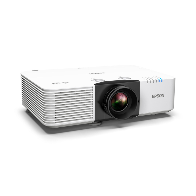 Epson L890E PowerLite 8000 Lumen WUXGA Normal Throw 3LCD Laser Projector with 4K Enhancement right angled view with lens.