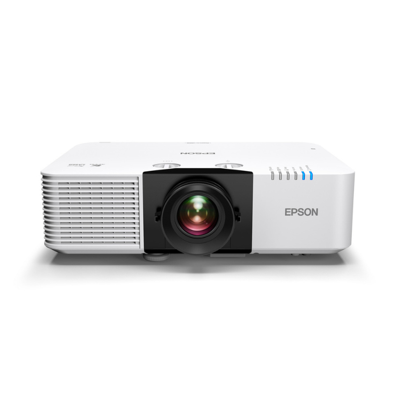 Epson L890E PowerLite 8000 Lumen WUXGA Normal Throw 3LCD Laser Projector with 4K Enhancement slight overhead view with lens.