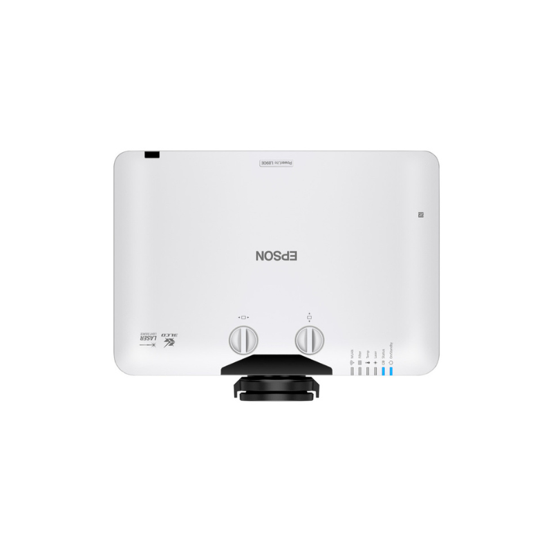Epson L890E PowerLite 8000 Lumen WUXGA Normal Throw 3LCD Laser Projector with 4K Enhancement top view with logo.