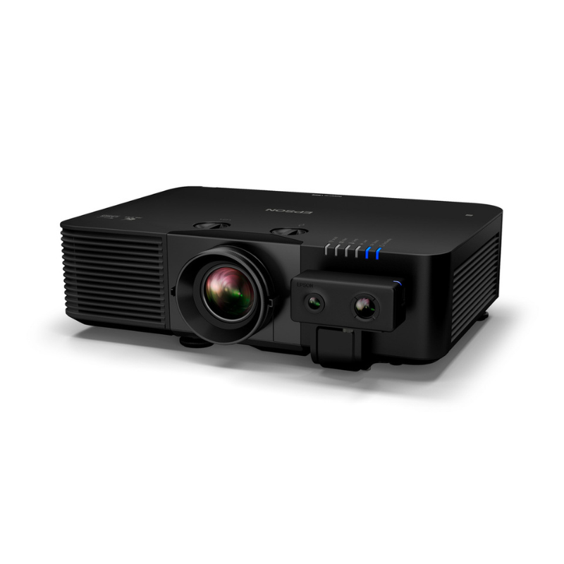 Epson L895E PowerLite 8000 Lumen WUXGA Normal Throw 3LCD Laser Projector with 4K Enhancement left angled view with sensor.