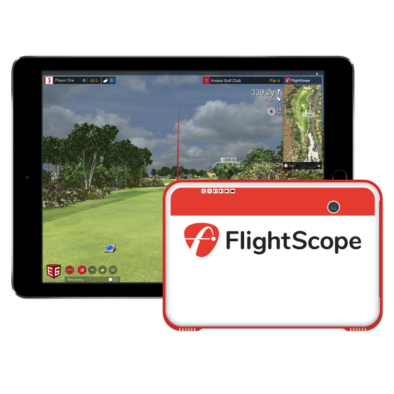FlightScope Mevo+ Launch Monitor front view E6 CONNECT and iPad.