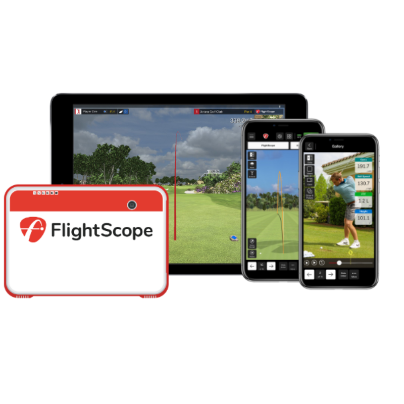 FlightScope Mevo+ Launch Monitor front view with iPad and iPhones.