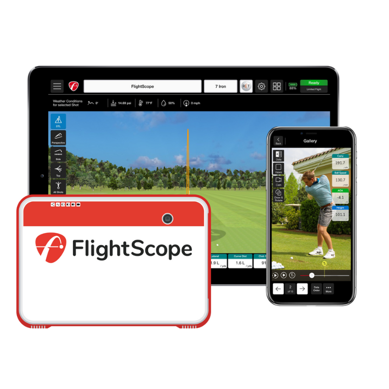 FlightScope Mevo+ Launch Monitor front view with iPad and iPhone.