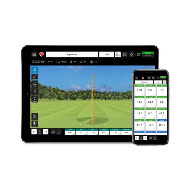 FlightScope Mevo+ Pro Package Software displayed on iPad and iPhone.