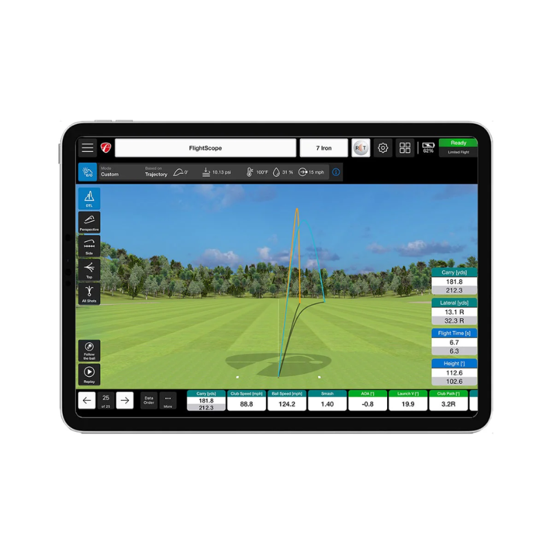 FlightScope X3 Launch Monitor and Golf Simulator Shot Tracer user interface on iPad.