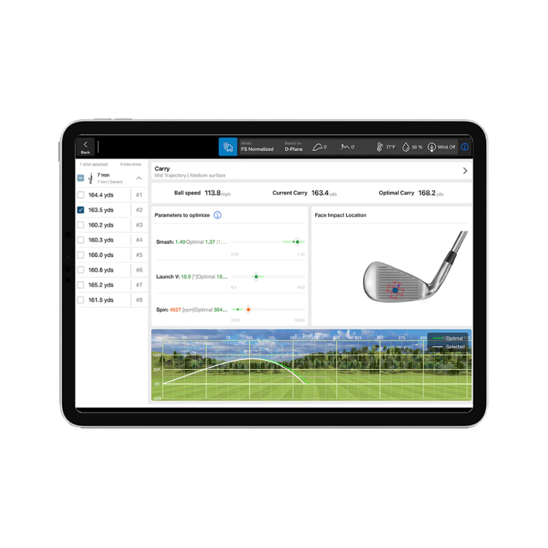 FlightScope X3 Launch Monitor and Golf Simulator Trajectory Optimizer user interface on iPad.