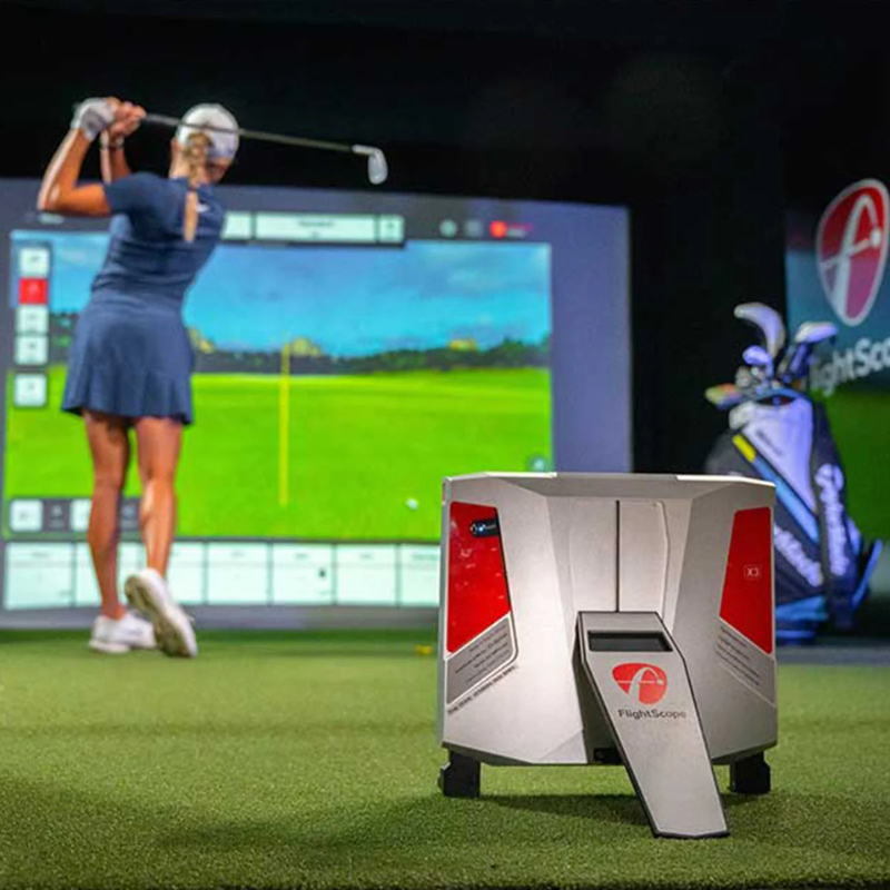 FlightScope X3 Launch Monitor and Golf Simulator rear view with golfer.