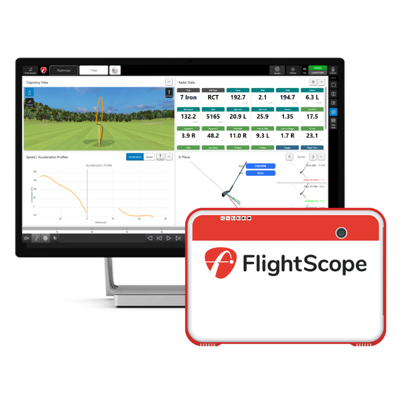 FlightScope Mevo+ Launch Monitor with desktop and FS Golf App.