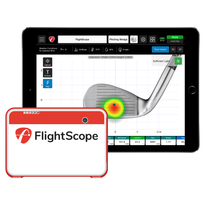 FlightScope Mevo+ Launch Monitor front view heat map on iPad.