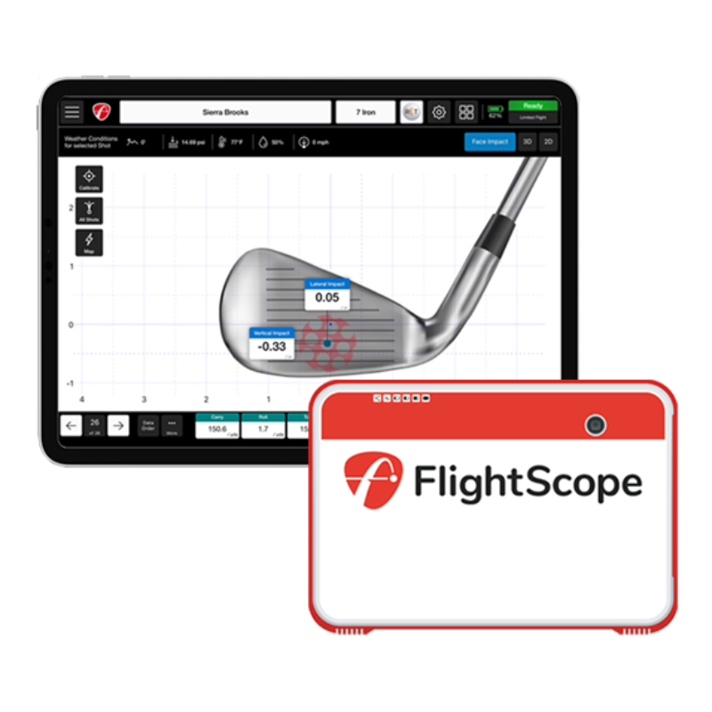 FlightScope Mevo+ Launch Monitor front view with iPad and proportions.