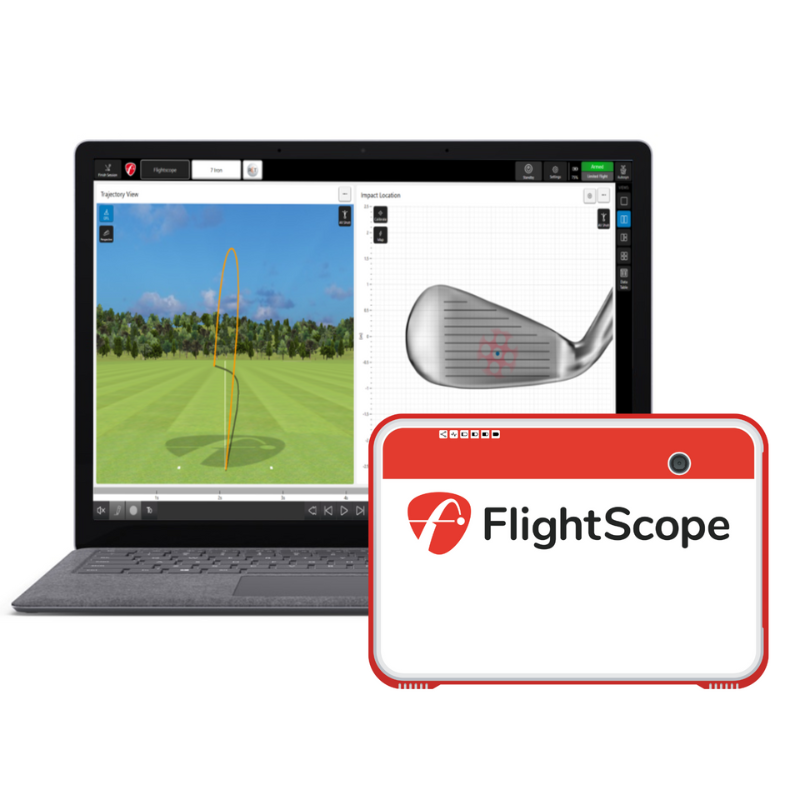 FlightScope Mevo+ Launch Monitor front view with laptop.