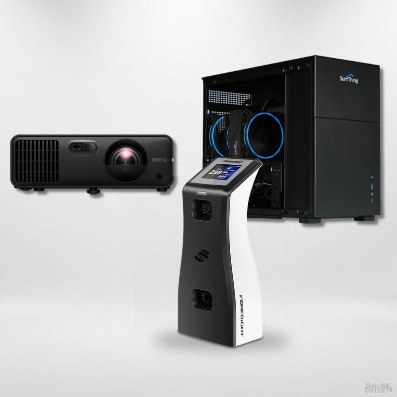 Foresight Sports GC2 Launch Monitor golf simulator computer projector package with a BenQ short-throw projector and a SurfThing golf simulator computer.