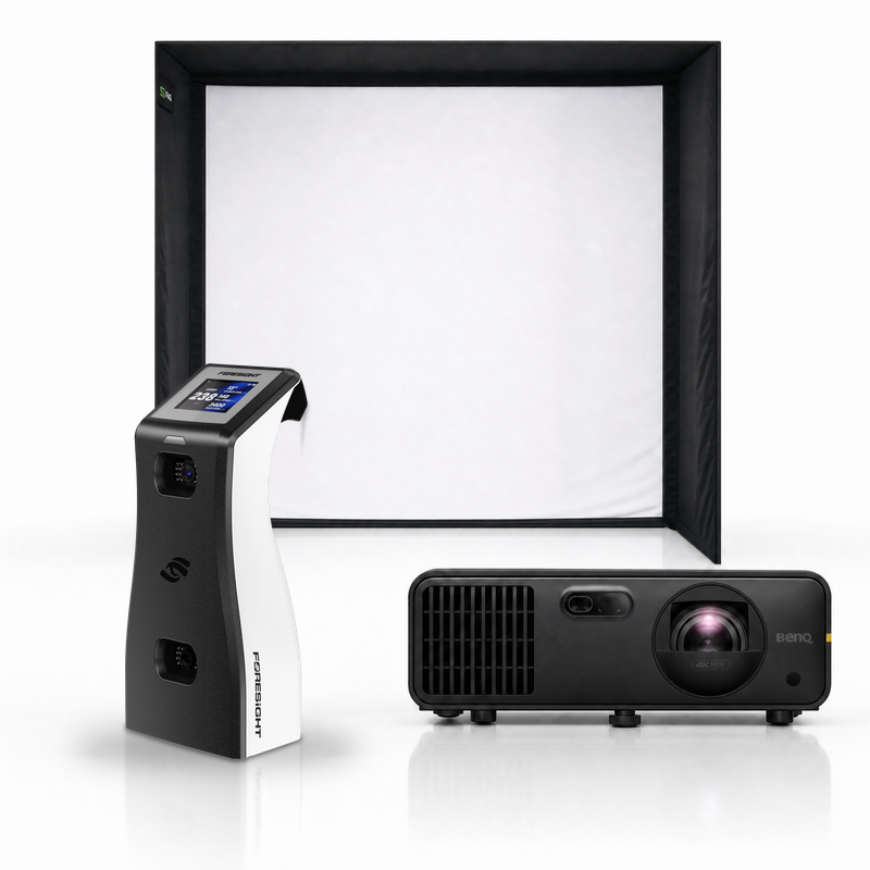 Foresight Sports GC2 Launch Monitor SIG golf simulator package with the SIG enclosure and a BenQ short-throw projector.