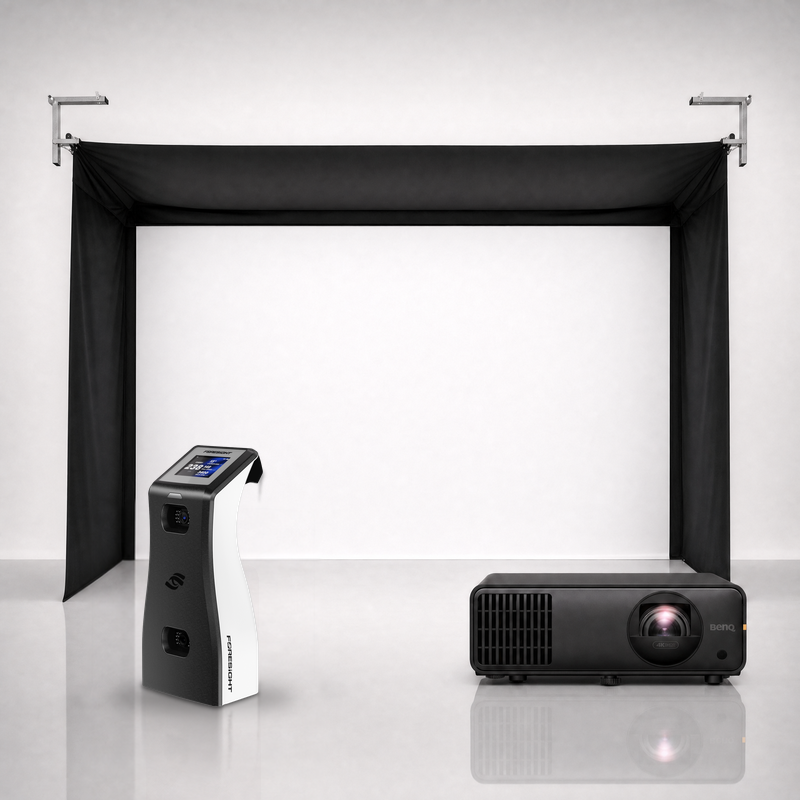 Foresight Sports GC2 Launch Monitor SportScreen Vanish golf simulator package with the SportScreen Vanish retractable enclosure and a BenQ short-throw projector.