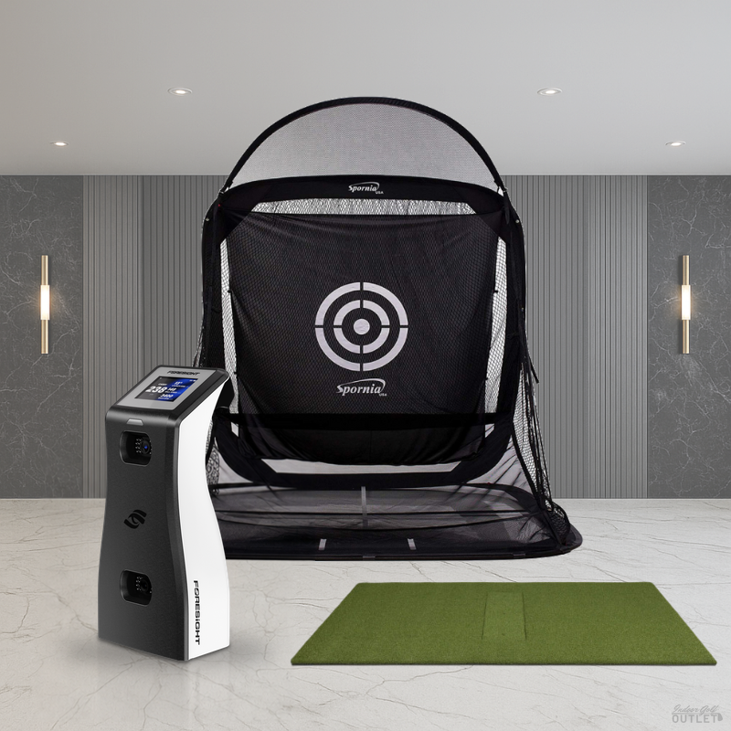 Foresight Sports GC2 Practice Package with the Spornia practice net and a golf hitting mat.