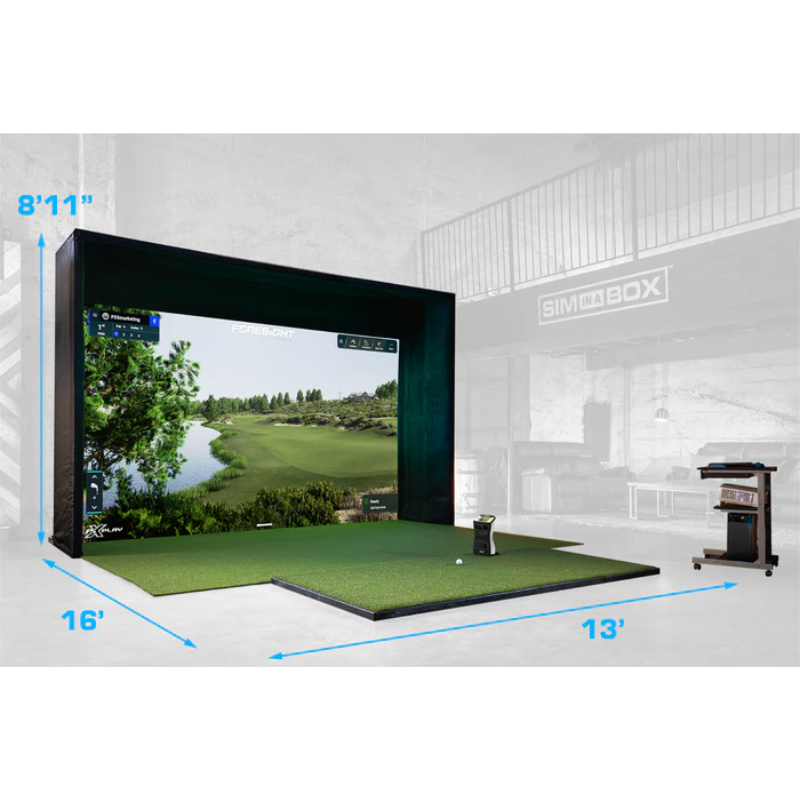 Foresight Sports SIM IN A BOX Eagle MAX Package with dimensions.