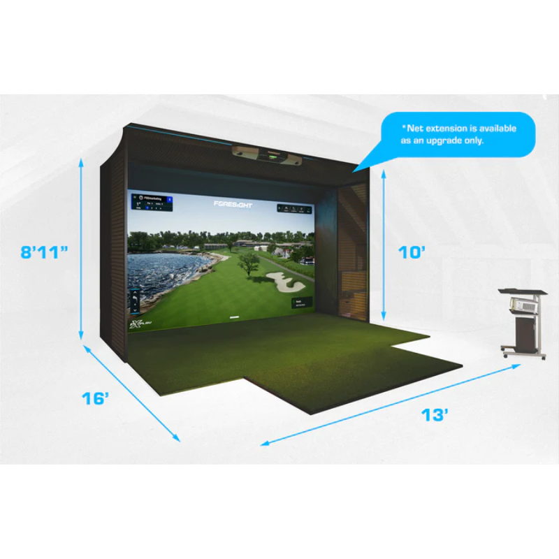 Foresight Sports SIM IN A BOX® Ace Golf Simulator Package with Netted Frame Extension and dimensions.