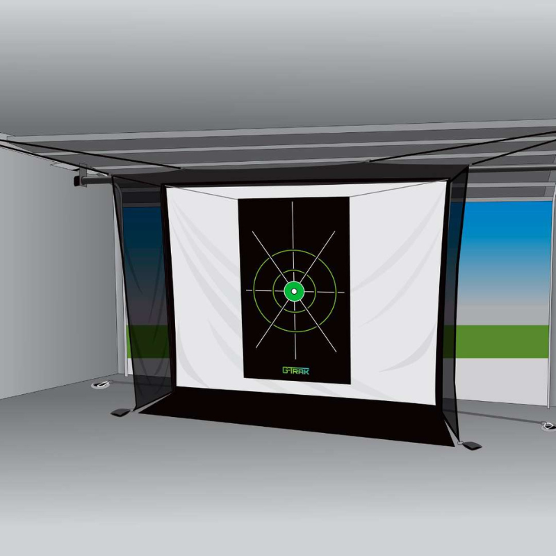 G-TRAK Golf Target attached to G-TRAK Retractable Impact Screen with garage door open.