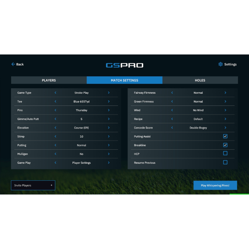 GSPro Software match settings.