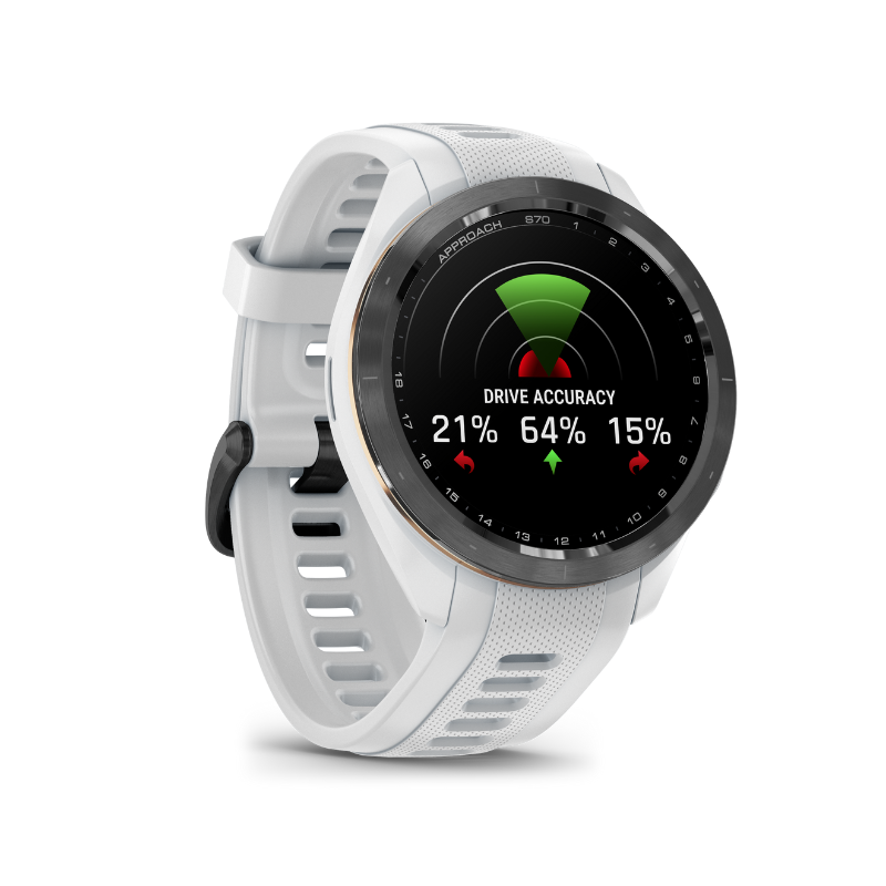 Garmin Approach S70 - 42 mm White Silicone Band Drive Accuracy feature user interface.
