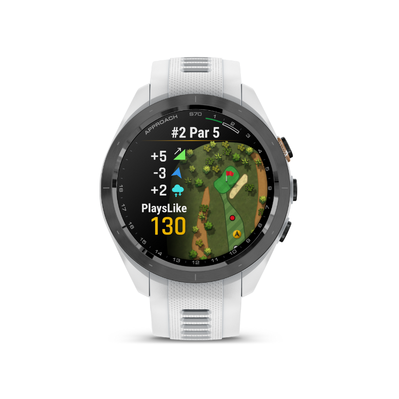 Garmin Approach S70 - 42 mm White Silicone Band Playslike Distance feature.