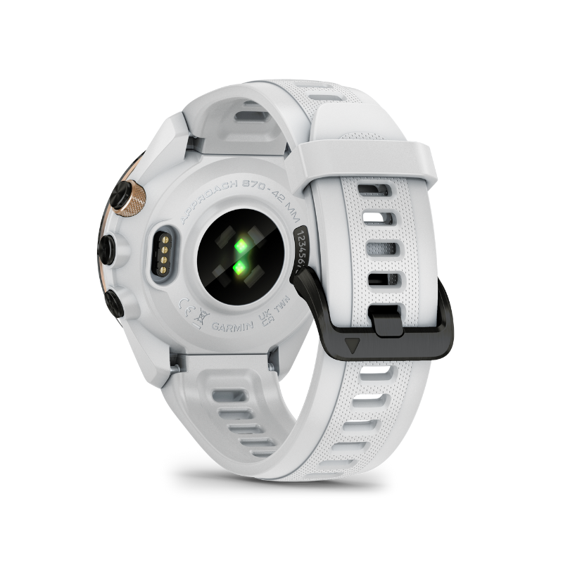 Garmin Approach S70 - 42 mm White Silicone Band rear view.