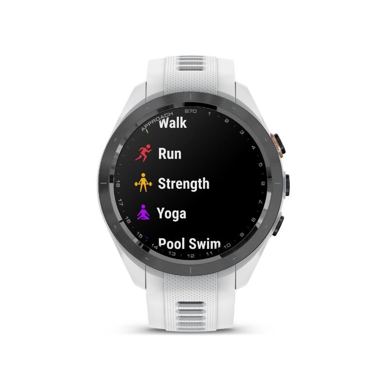 Garmin Approach S70 - 42 mm White Silicone Band Sport Apps user interface.