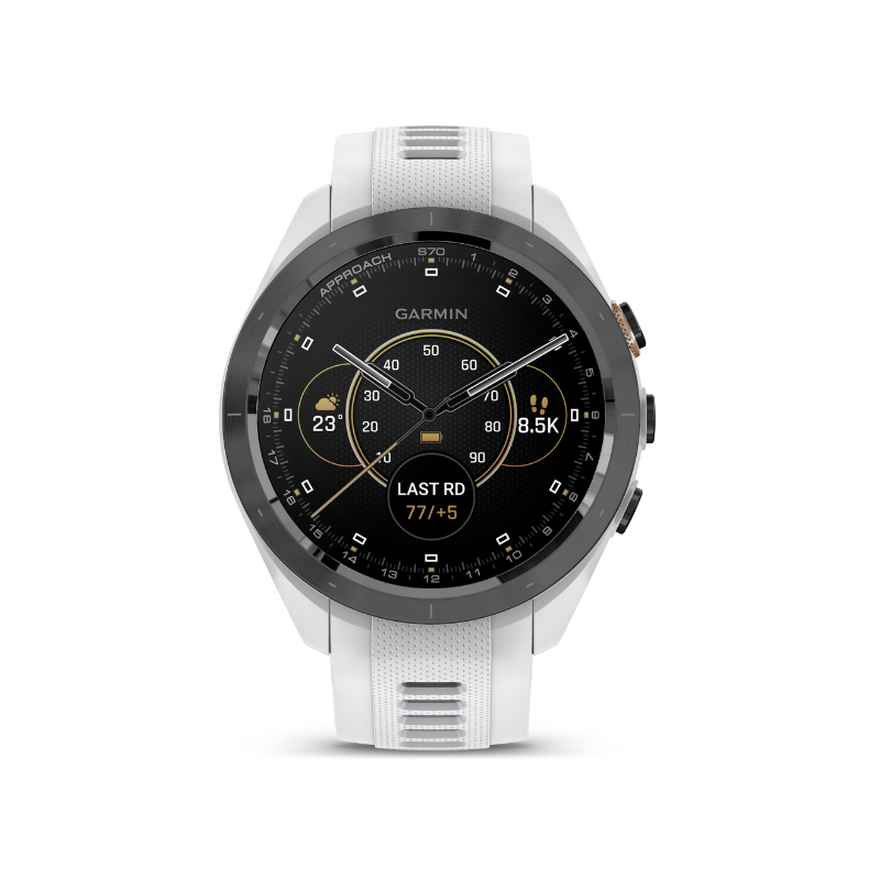 Garmin Approach S70 - 42 mm White Silicone Band clock view user interface.