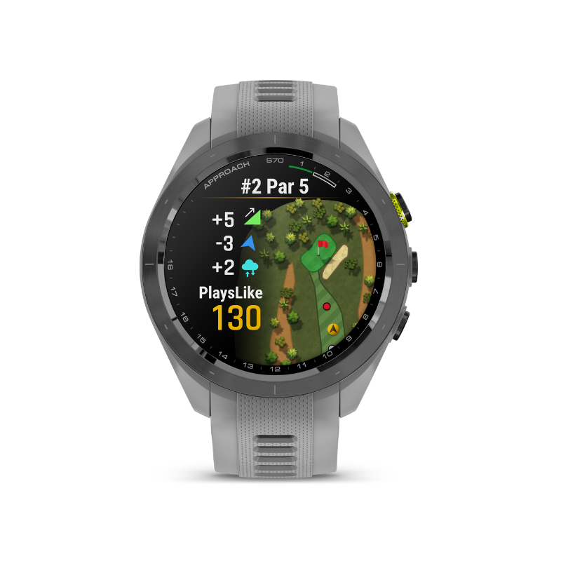 Garmin Approach S70 - 42 mm Gray Silicone Band Playslike Distance feature.