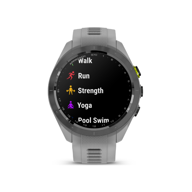 Garmin Approach S70 - 42 mm Gray Silicone Band Sport Apps user interface.