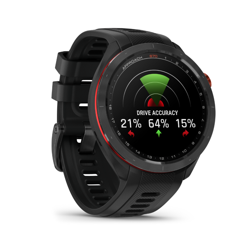 Garmin Approach S70 - 47 mm Black Silicone Band Drive Accuracy feature user interface.