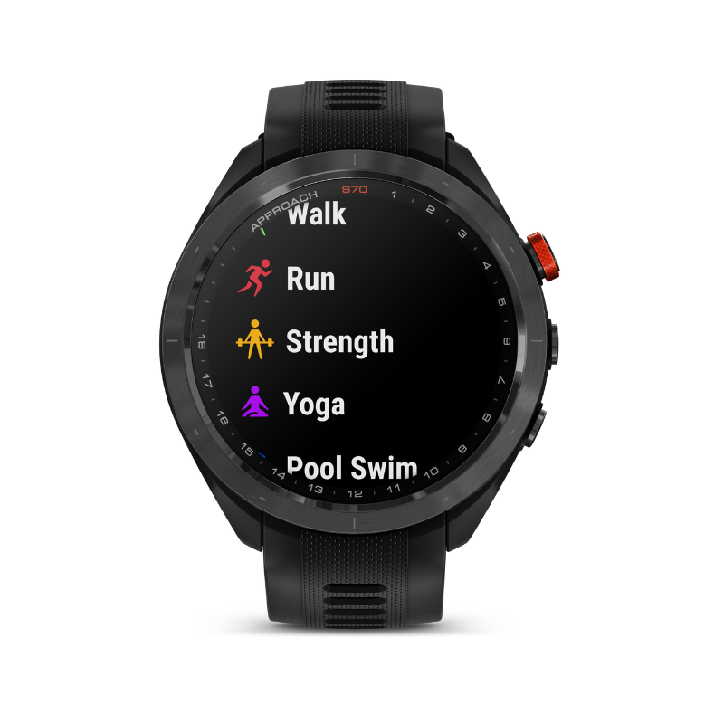 Garmin Approach S70 - 47 mm Black Silicone Band Sport Apps user interface.