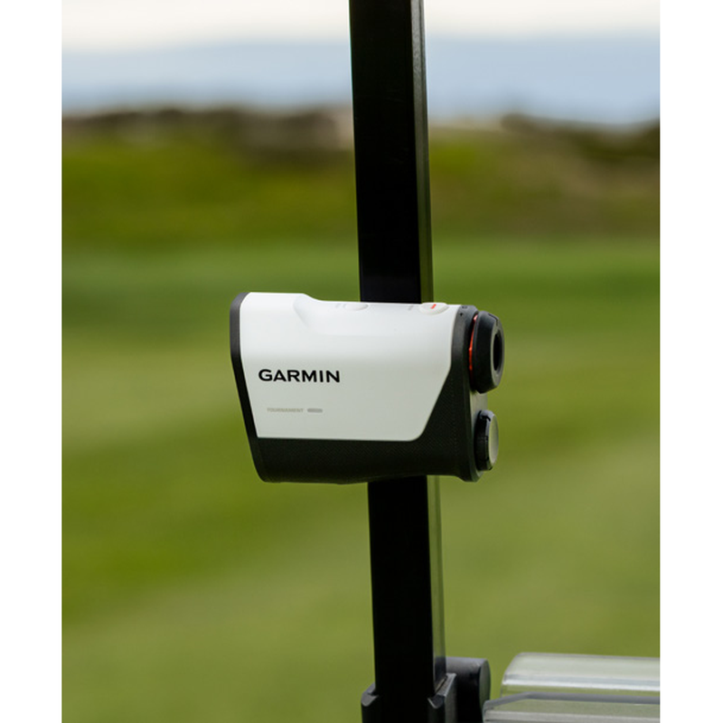 Garmin Approach Z10 Golf Laser Rangefinder mounted on a golf cart post.