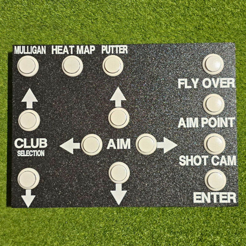 Golf Simulator Control Box for GSPro in black color with white buttons.