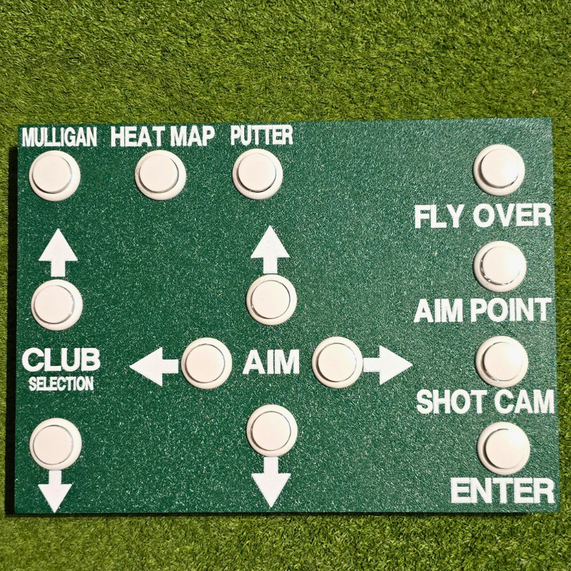 Golf Simulator Control Box for GSPro in green color with white buttons.