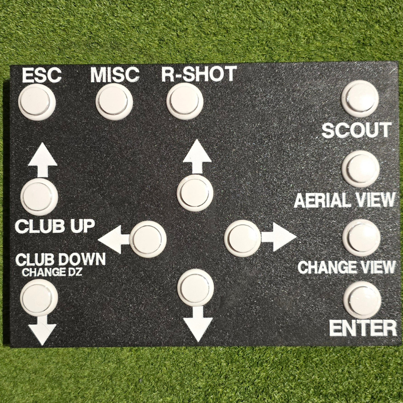 Golf Simulator Control Box for The Golf Club 2019 in black color with white buttons.