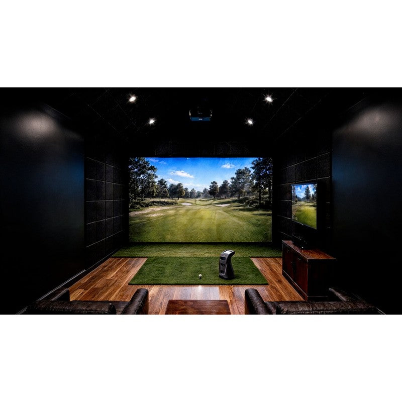 Photorealistic 3D render from an IGO design plan: a basement golf simulator bay with a built-in impact screen and padded walls.