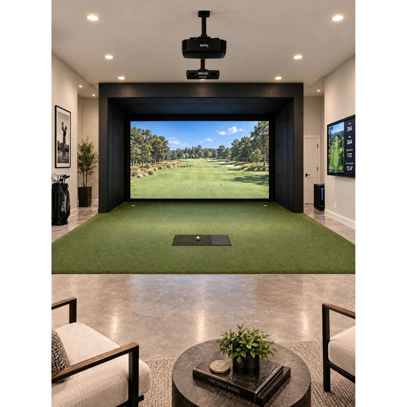 Photorealistic 3D render from an IGO design plan: a garage golf simulator bay with an overhead launch monitor and short throw projector.