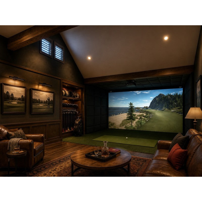 Photorealistic 3D render from an IGO design plan: a lodge-style golf simulator room with a built-in screen and leather seating.