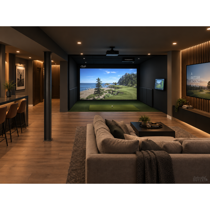 Golf Simulator Design Plans and Consultation basement golf simulator room design render.