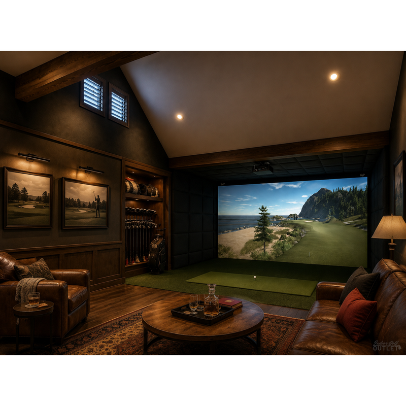 Golf Simulator Design Plans and Consultation lodge style golf simulator room design render.