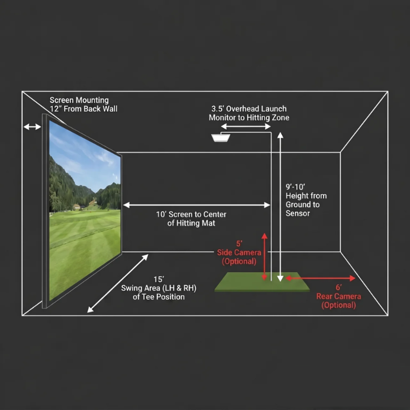 Golf Simulator Design Plans and Consultation recommended room dimensions.