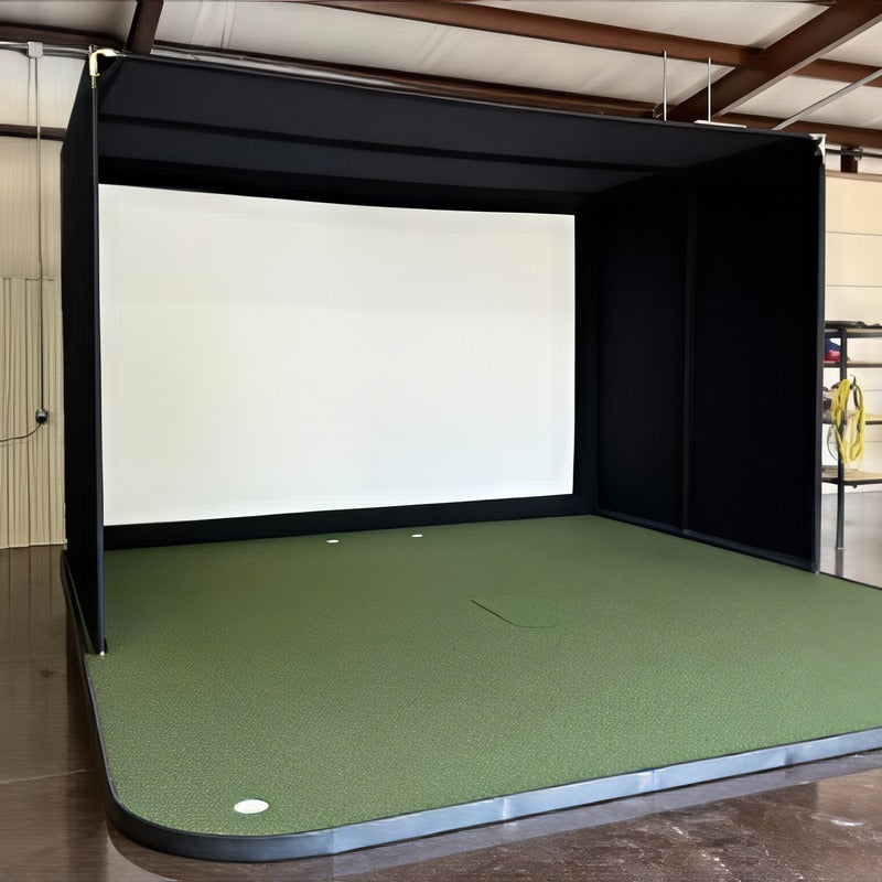 Golf Simulator Installation by Indoor Golf Outlet: a finished garage bay with a full enclosure on a raised turf platform.