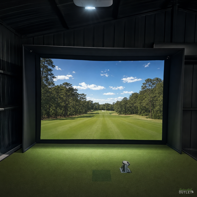 A real Indoor Golf Outlet golf simulator package build: enclosure, impact screen, hitting mat, launch monitor and ceiling projector.