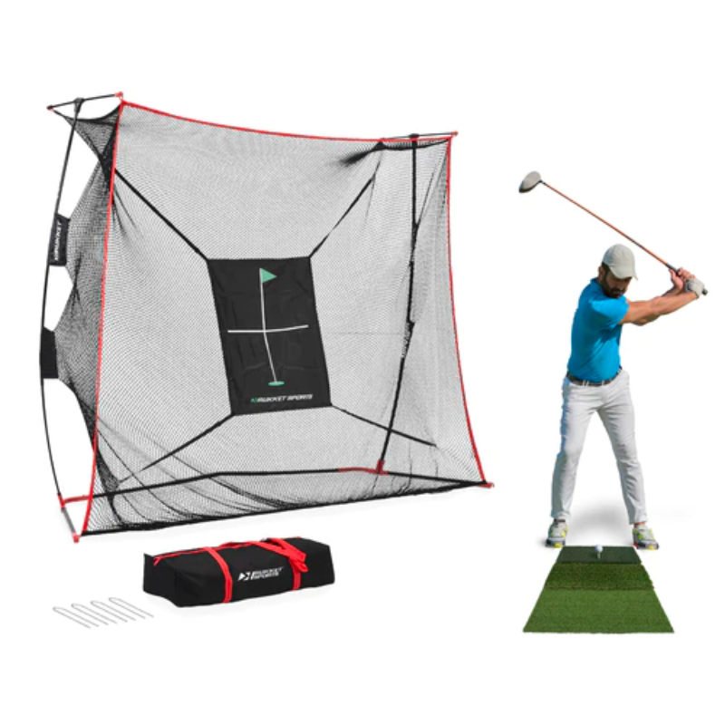 Rukket Sports Haack Pro Golf Net w/ Tri-Turf Mat side view with golfer.