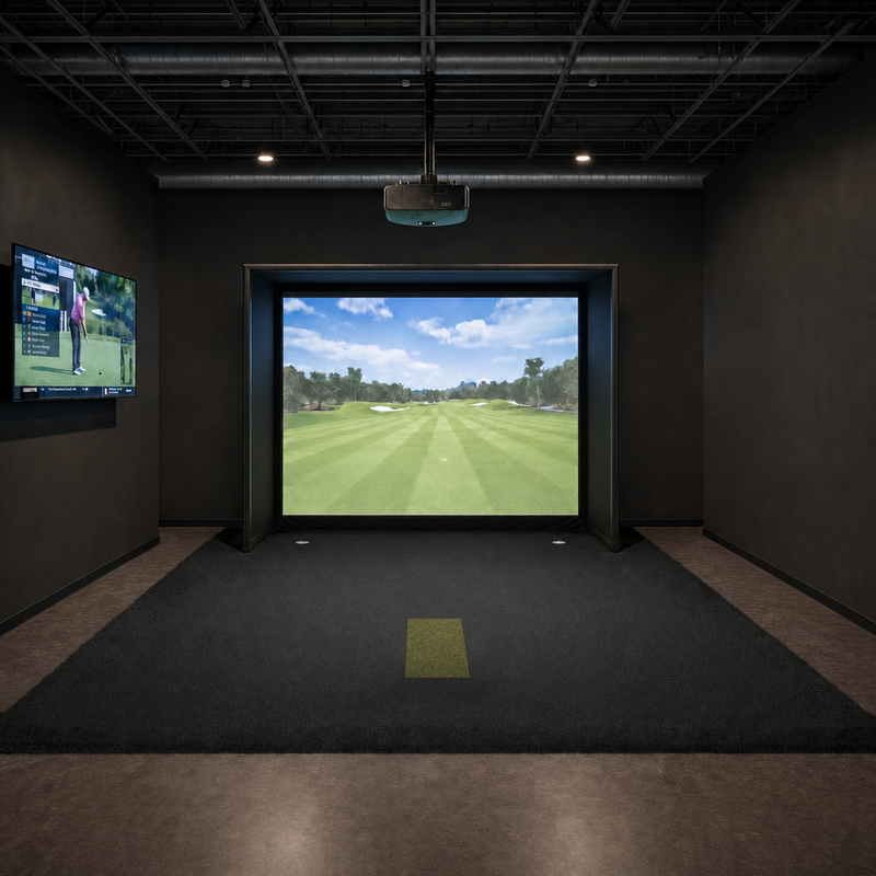 IGO Single-Level Golf Simulator Flooring in black in a golf simulator bay, seen from the front with the green IGO Local Muni Hitting Strip and two putting cups.