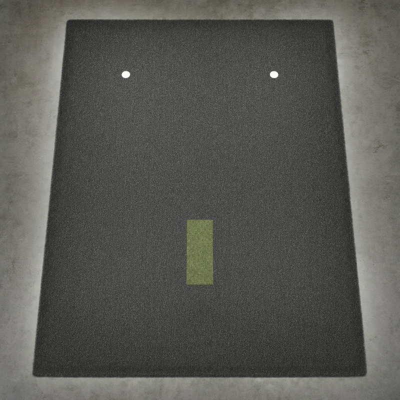 IGO Single-Level Golf Simulator Flooring in black seen from above, with the green IGO Local Muni Hitting Strip and two putting cups.