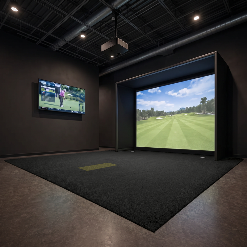 IGO Single-Level Golf Simulator Flooring in black, showing the finished edge of the raised turf floor around the enclosure.