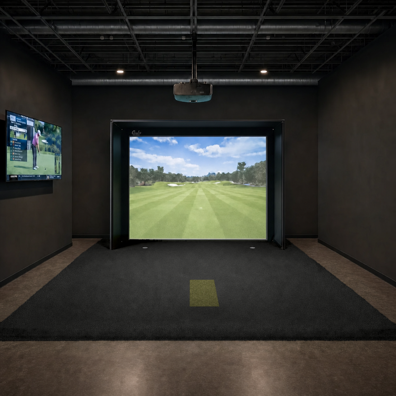 IGO Single-Level Golf Simulator Flooring in black running under the enclosure, with the green IGO Local Muni Hitting Strip in the middle of the floor.